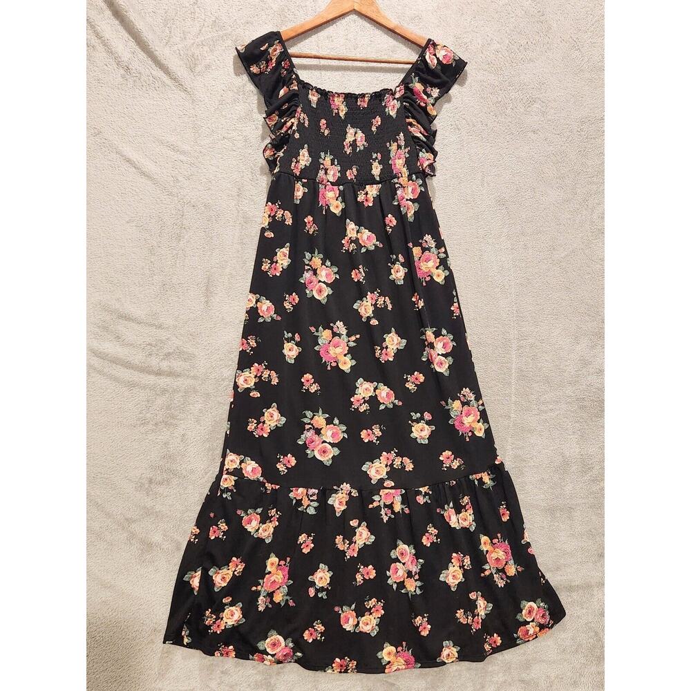Liberty Love Black Floral Ruffle Midi Dress Size Small Empire Waist Cottagecore